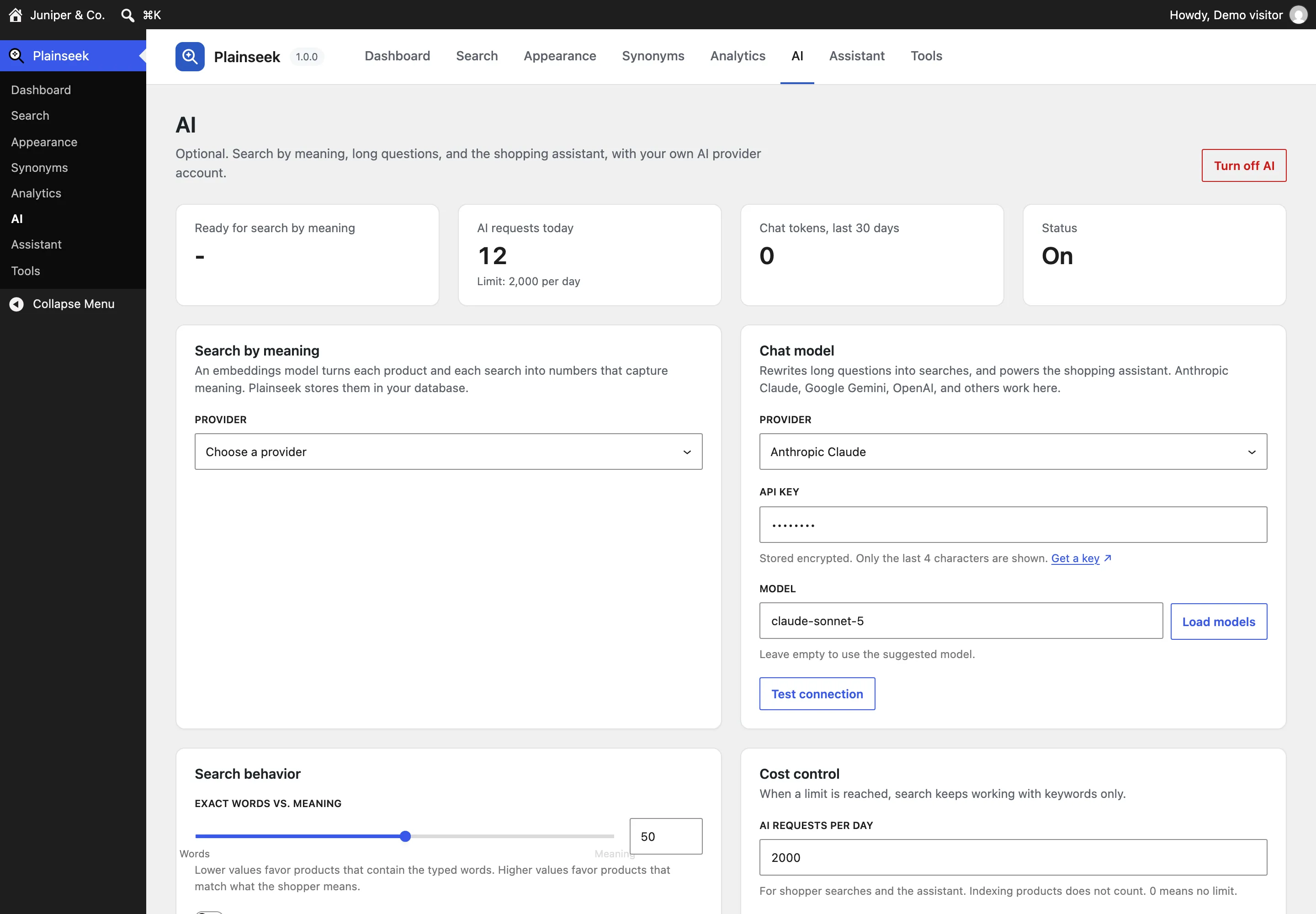 The Plainseek AI screen: the number of AI requests today and the daily limit, chat tokens in the last 30 days, a provider for search by meaning, and a chat model with Anthropic Claude selected, an API key field, a model field, and Test connection.