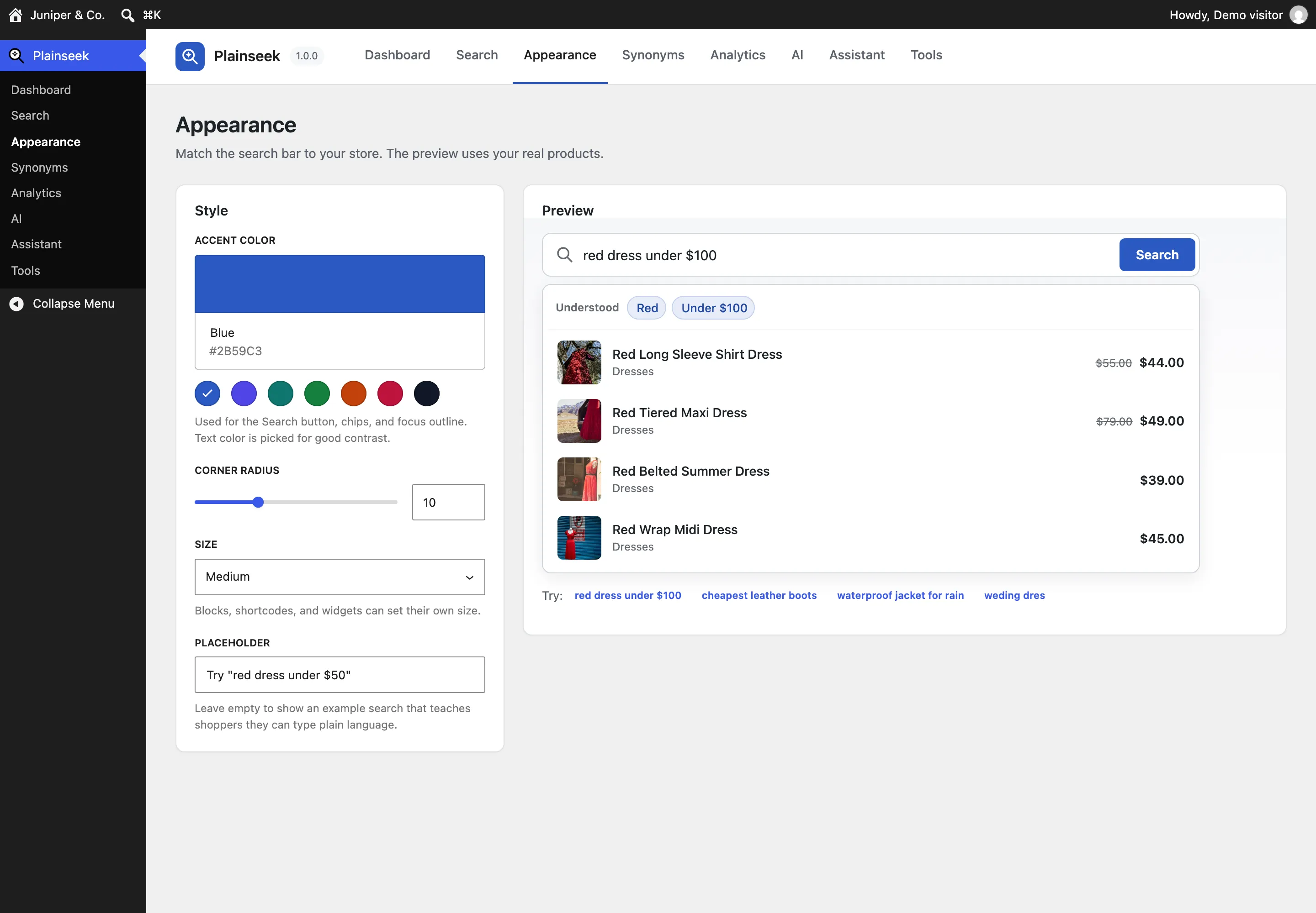 The Plainseek Appearance screen: seven accent colors, corner radius, size, and placeholder settings, and a preview of the search bar.