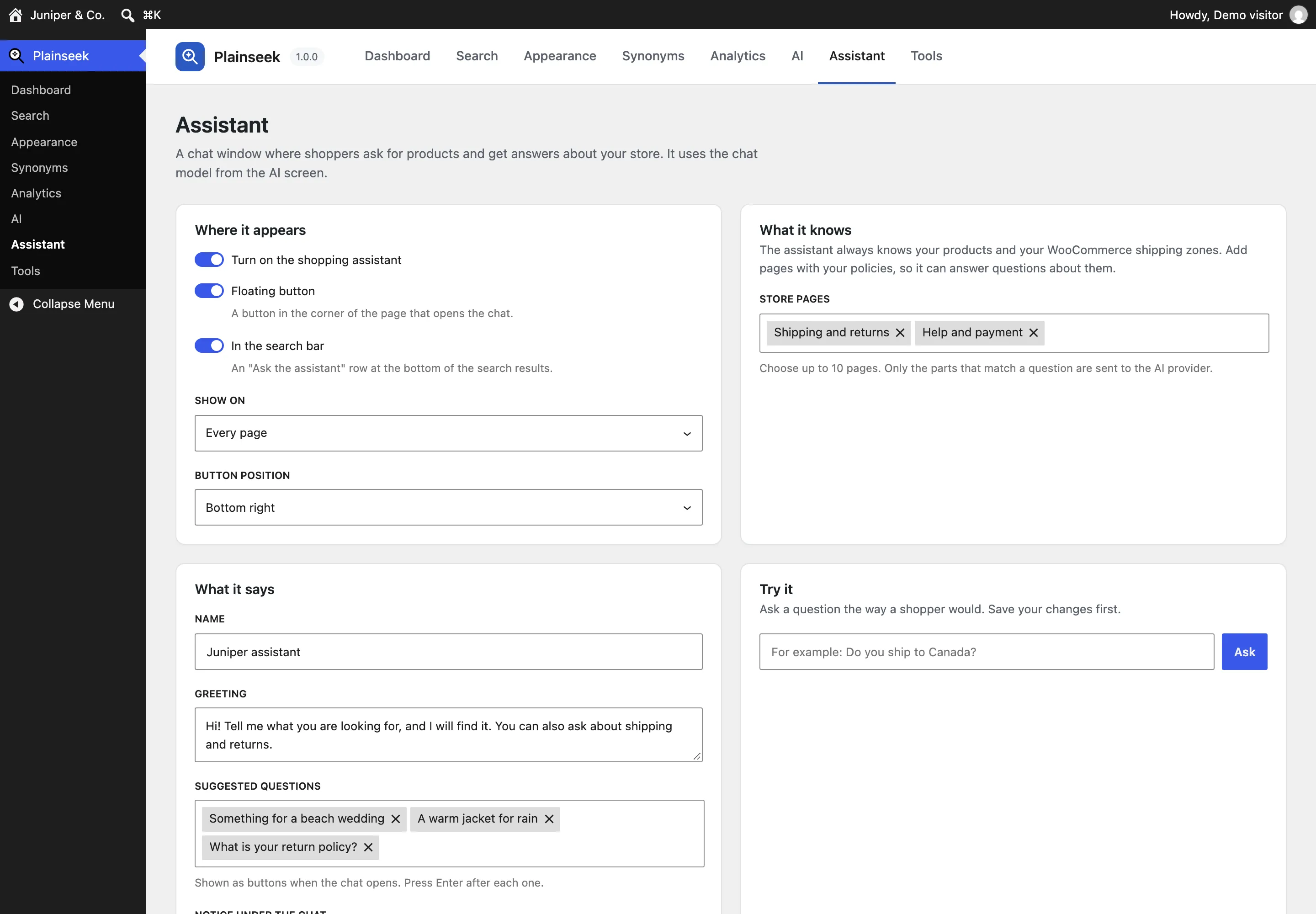 The Plainseek Assistant screen: switches for the floating button and the search bar, the store pages it knows, its name, greeting, and suggested questions, and a Try it box.