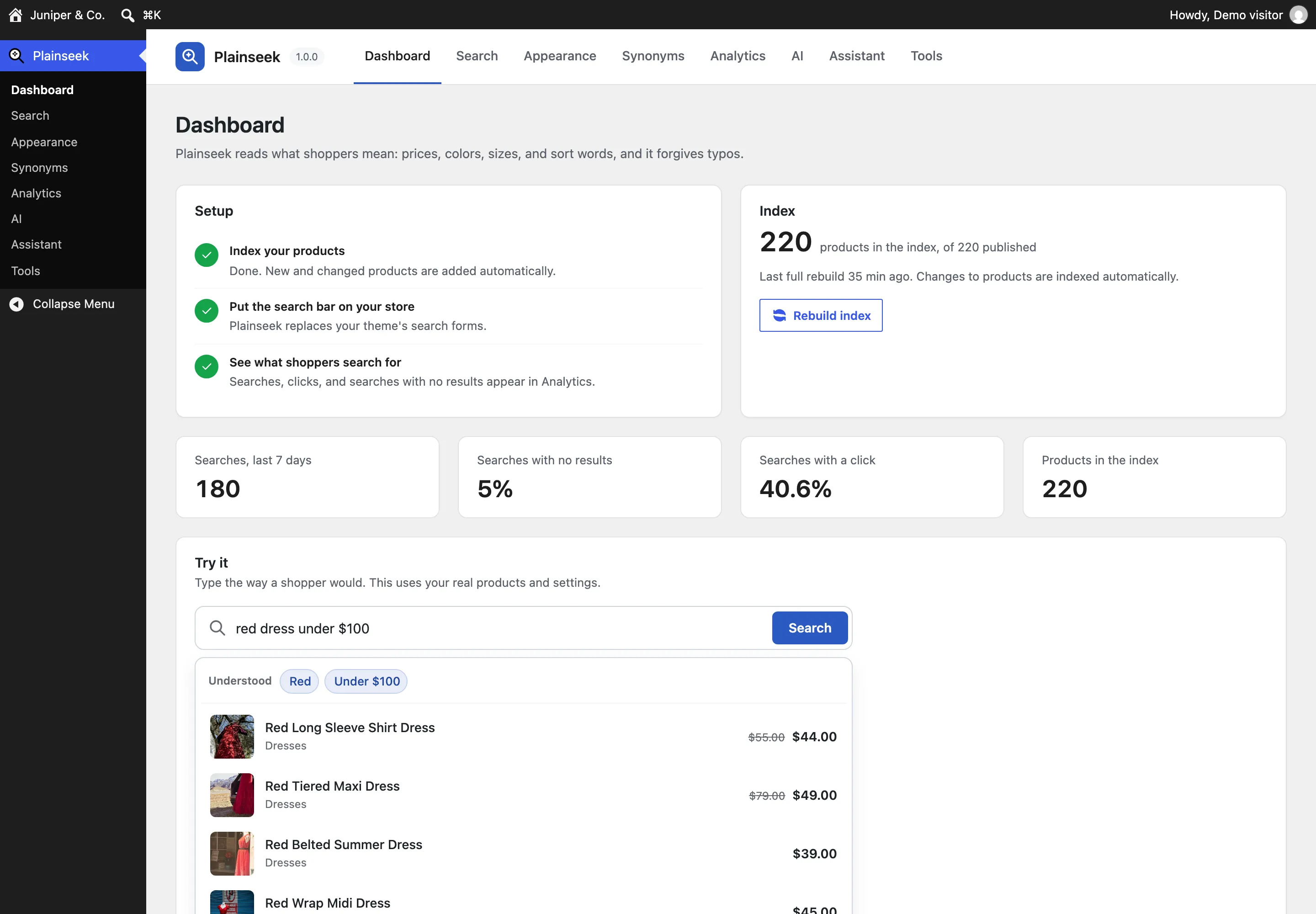 The Plainseek Dashboard: setup steps with green checks, 220 products in the index, searches in the last 7 days, and a Try it search box showing results for red dress under $100.