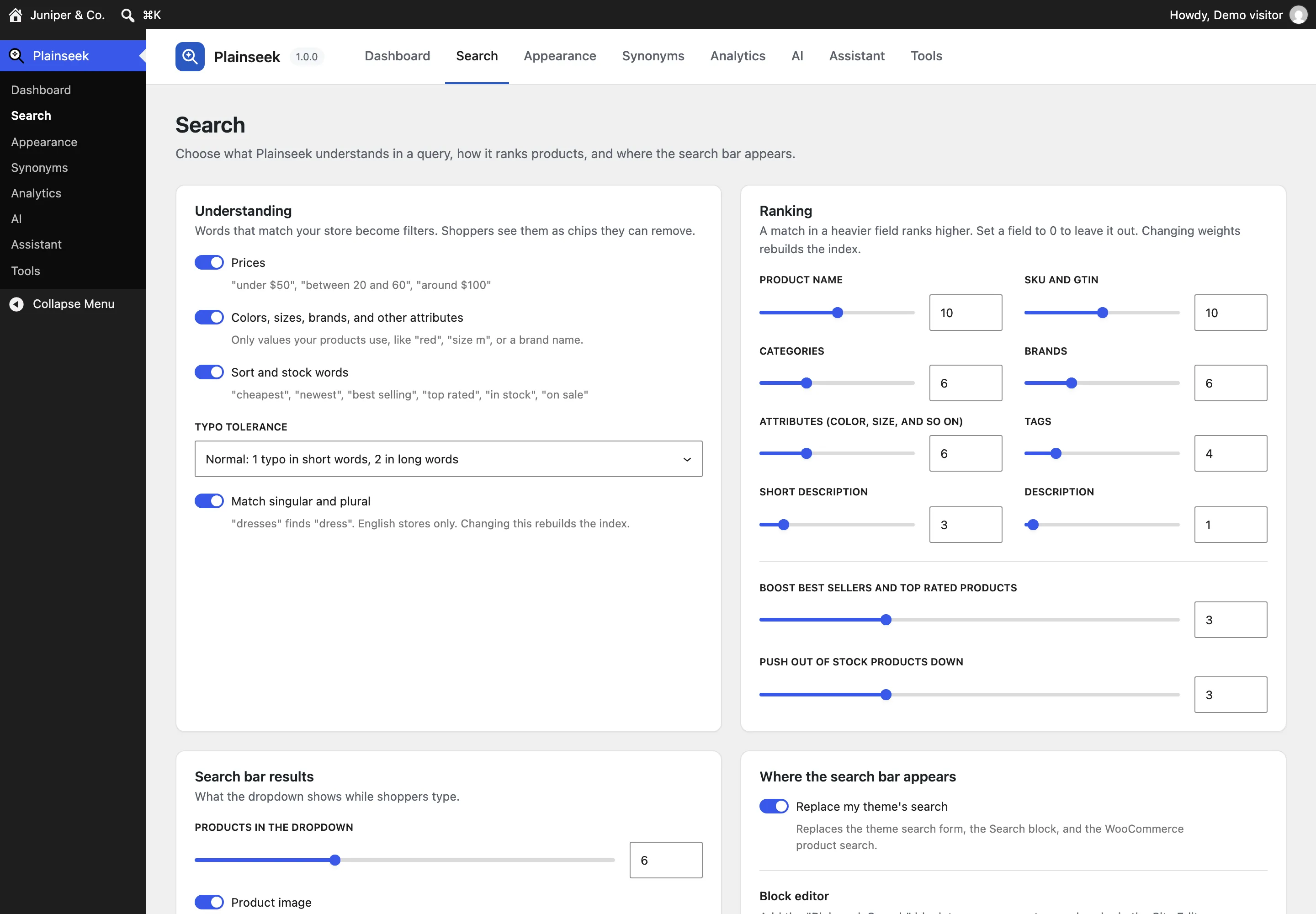 The Plainseek Search screen: switches for prices, attributes, and sort words, the typo tolerance level, ranking sliders for each product field, and what the dropdown shows.