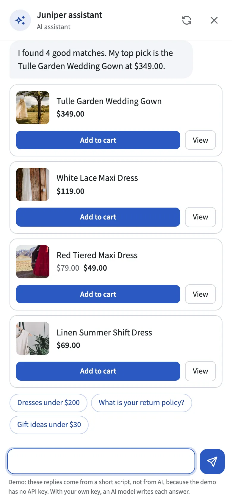 The shopping assistant on a phone. The shopper asked for something for a beach wedding. The assistant answers with four dresses from the store, each with a price, an Add to cart button, and a View button.