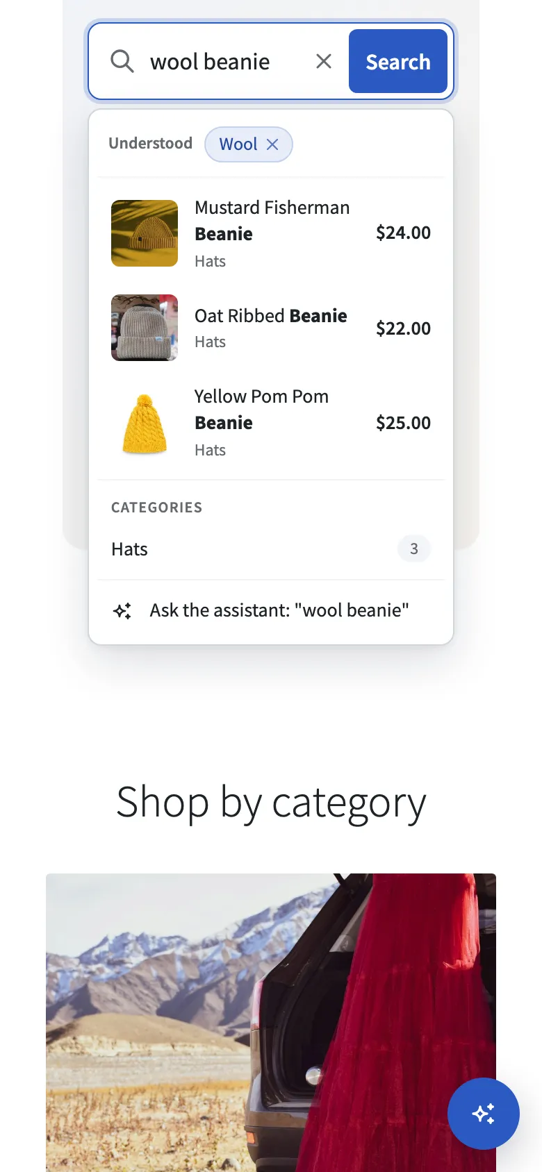 The Plainseek search bar on a phone. The search wool beanie shows the chip Wool and three beanies with their prices.