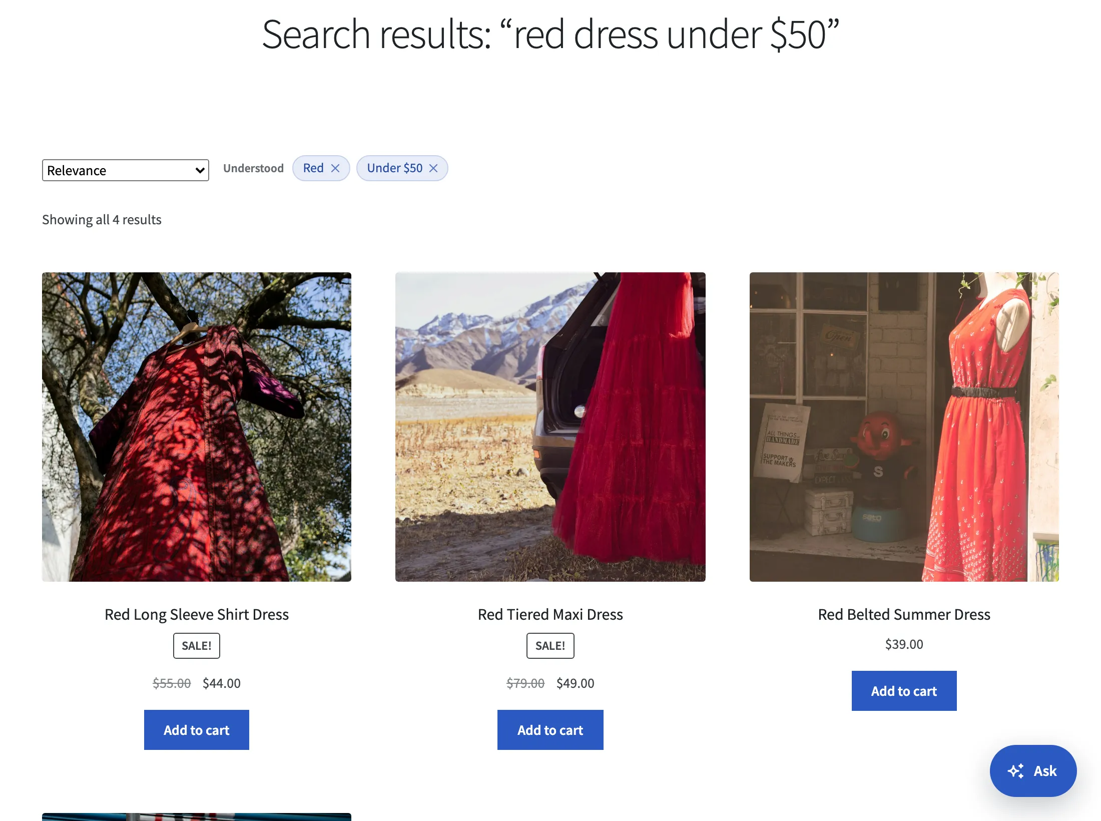 The search results page of the Storefront theme for red dress under $50. Above the products, a sort menu and the chips Red and Under $50. Below, the text Showing all 4 results and the first red dresses.