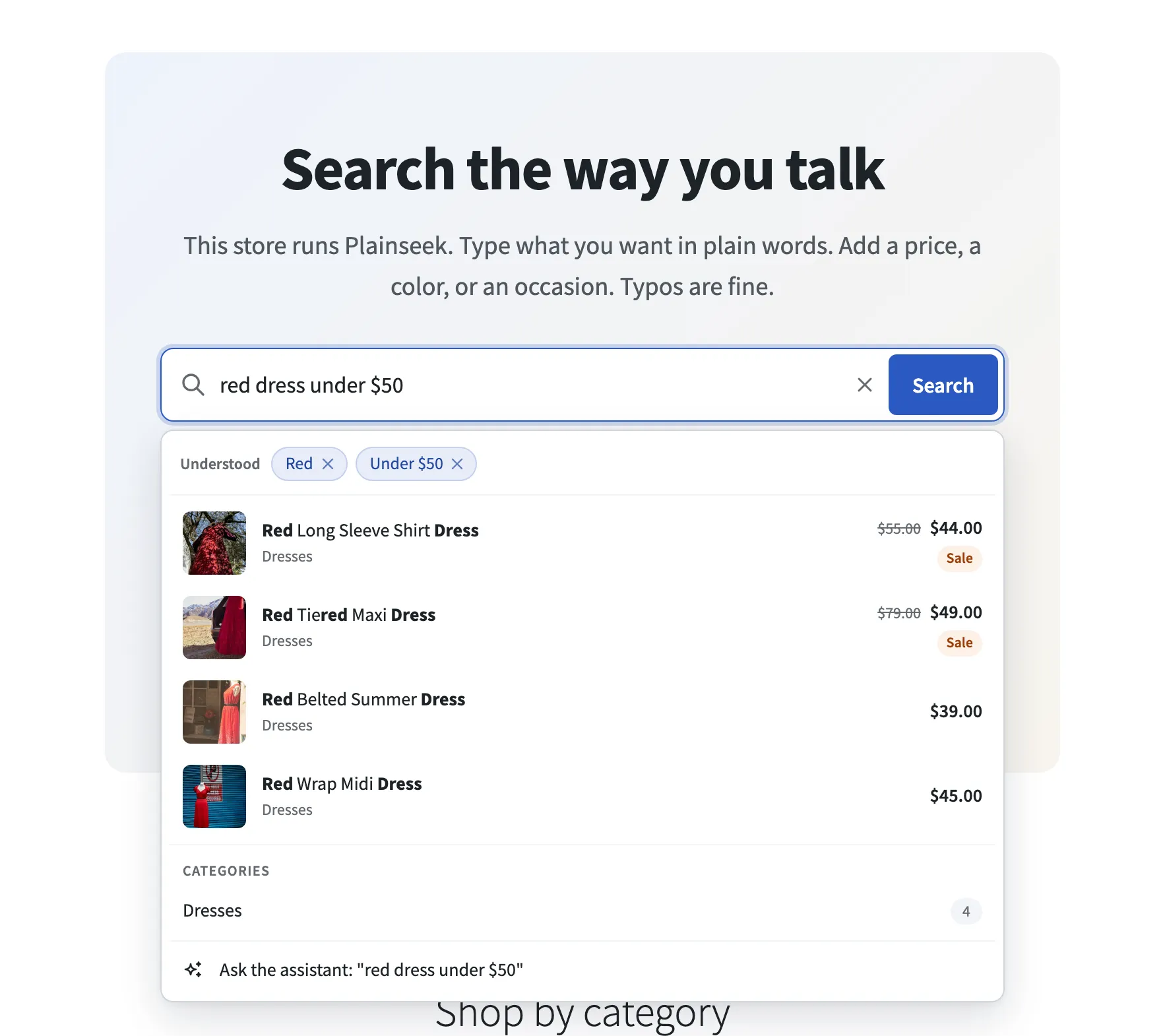 A WooCommerce store with the Plainseek search bar. The search red dress under $50 shows the chips Red and Under $50, then four red dresses that each cost less than $50, the Dresses category, and a row to ask the shopping assistant.