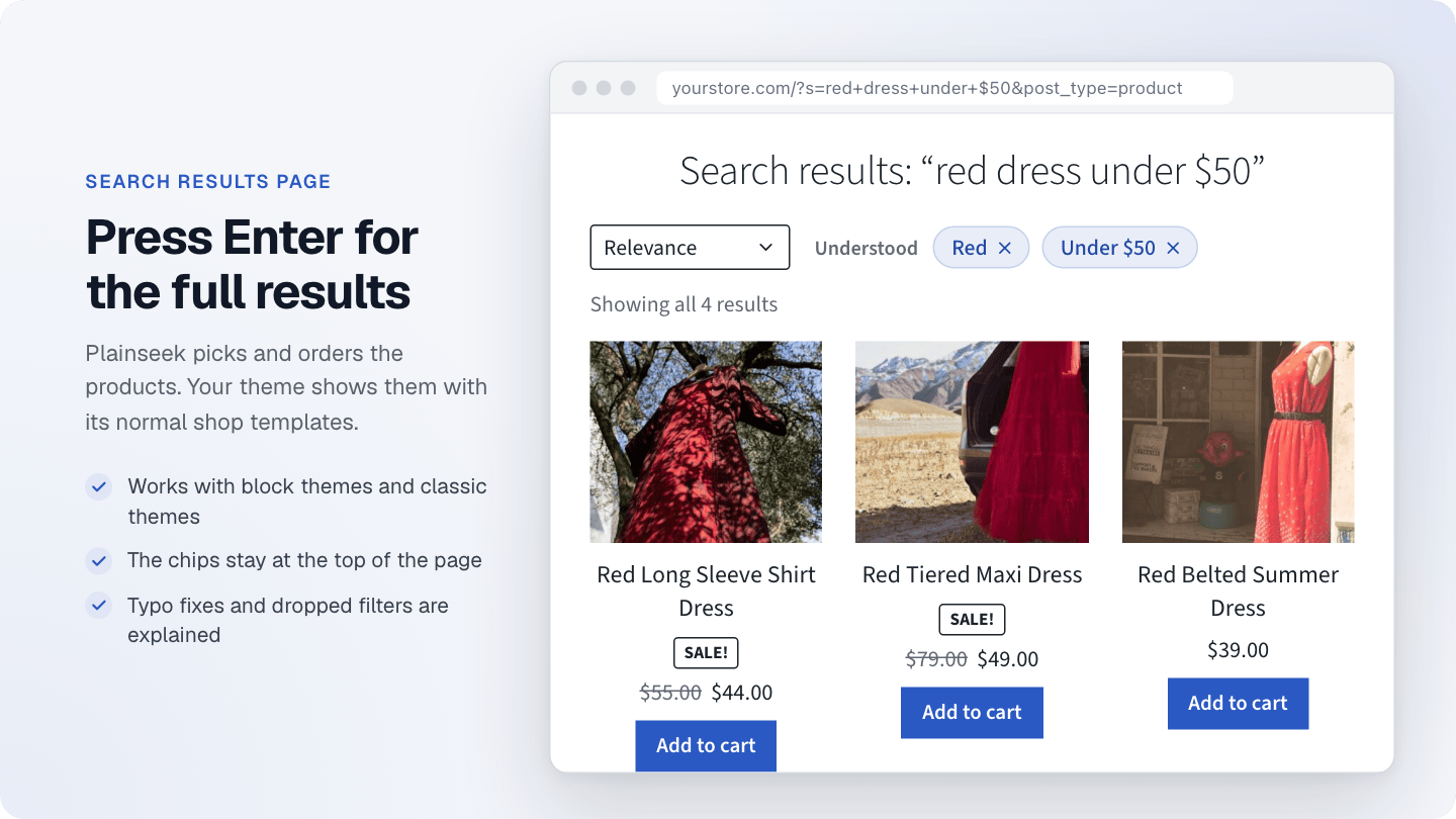 The WooCommerce search results page with Plainseek chips