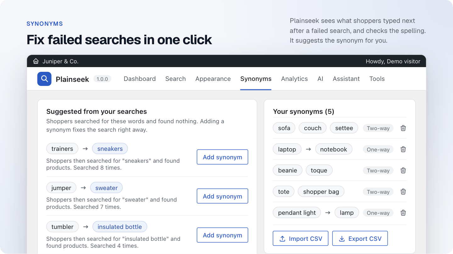 The Synonyms screen with suggested synonyms