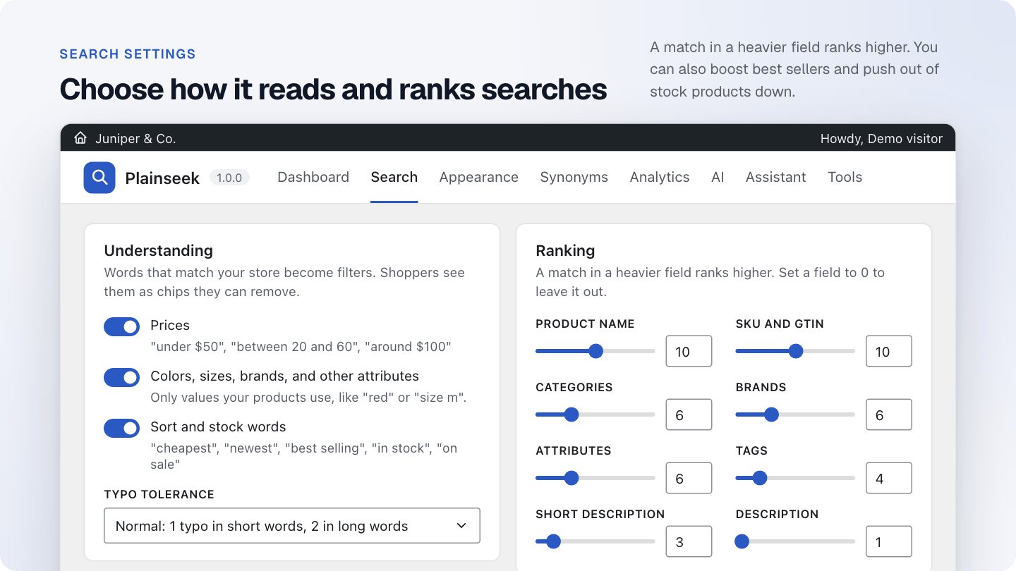 The Search settings screen with field weights